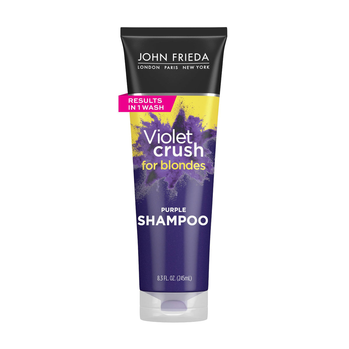 John Frieda Violet Crush Shampoing blond, bouteille-pompe, neutralise les tons jaunes.