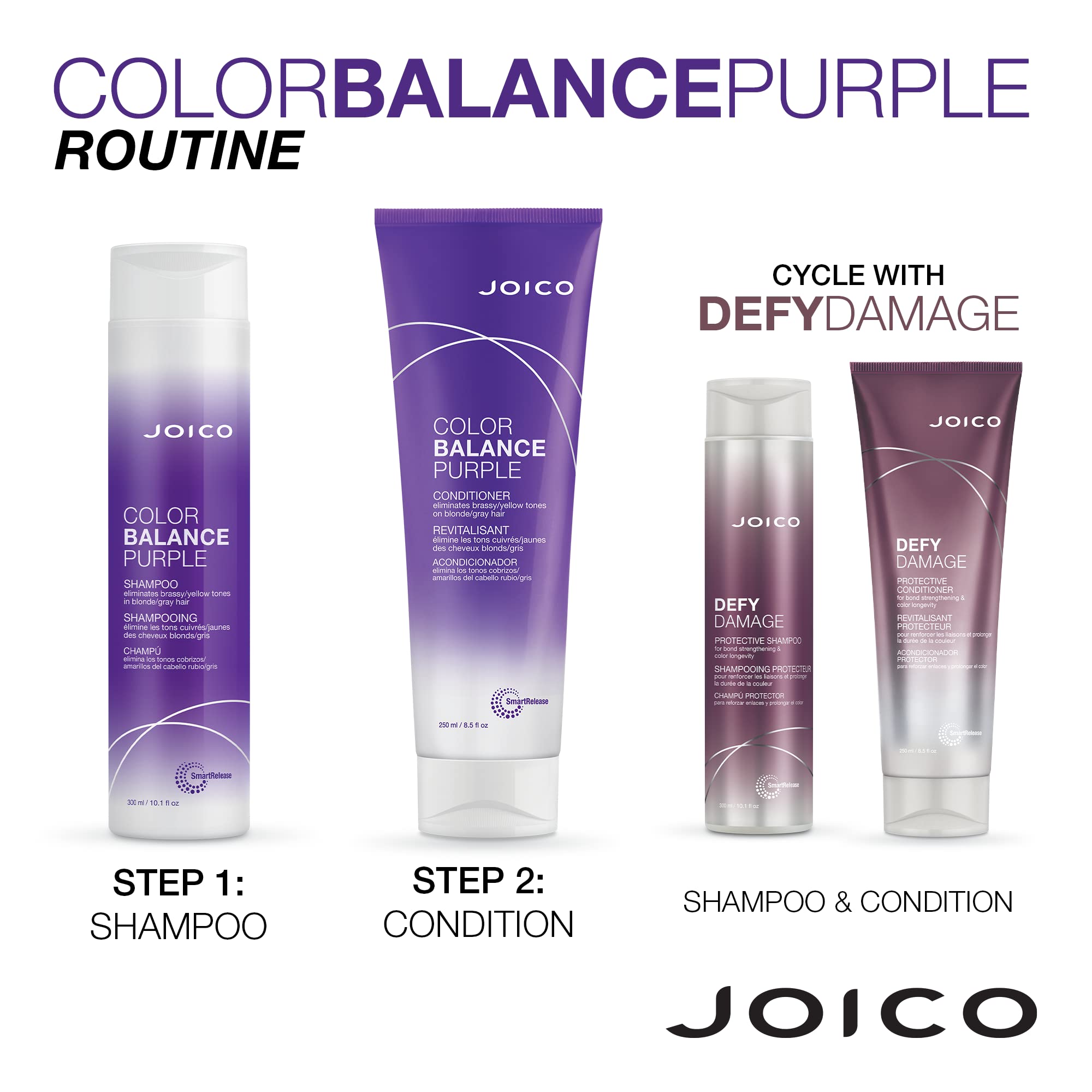Routine couleur Joico Color Balance Purple montrant l’entretien de la couleur.