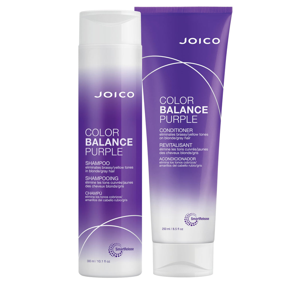 Shampoing violet Joico Color Balance en bouteille pour neutraliser les tons jaunes.