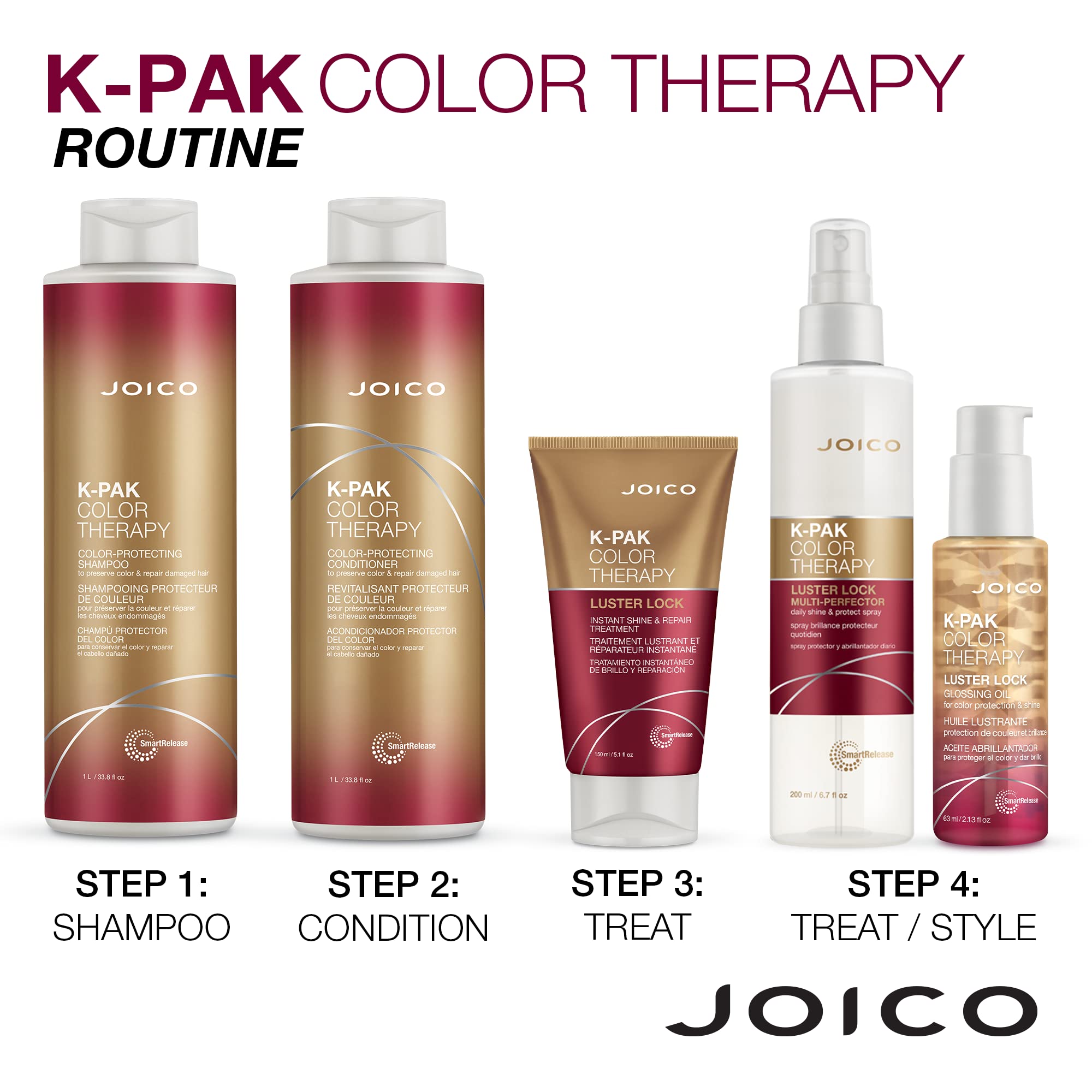 Joico K-PAK Thérapie de couleur—routine capillaire pour cheveux colorés et frisottis maîtrisés.