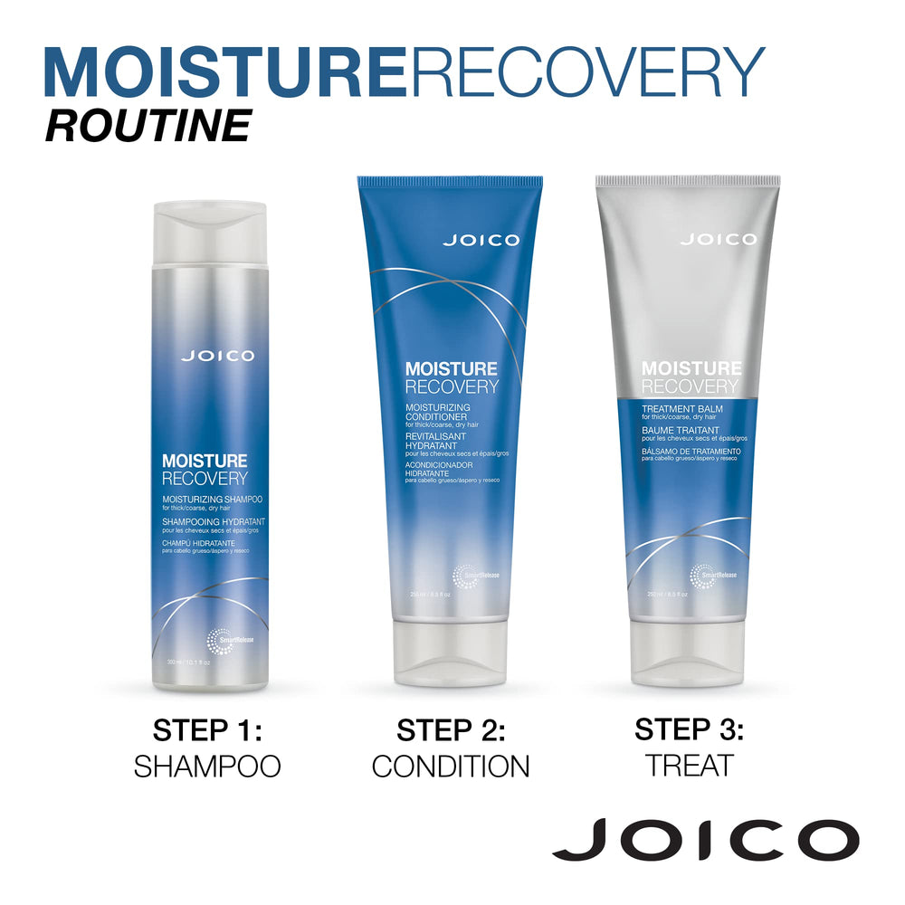 Photo principale bouteille Joico Moisture Recovery, montre une routine hydratante.