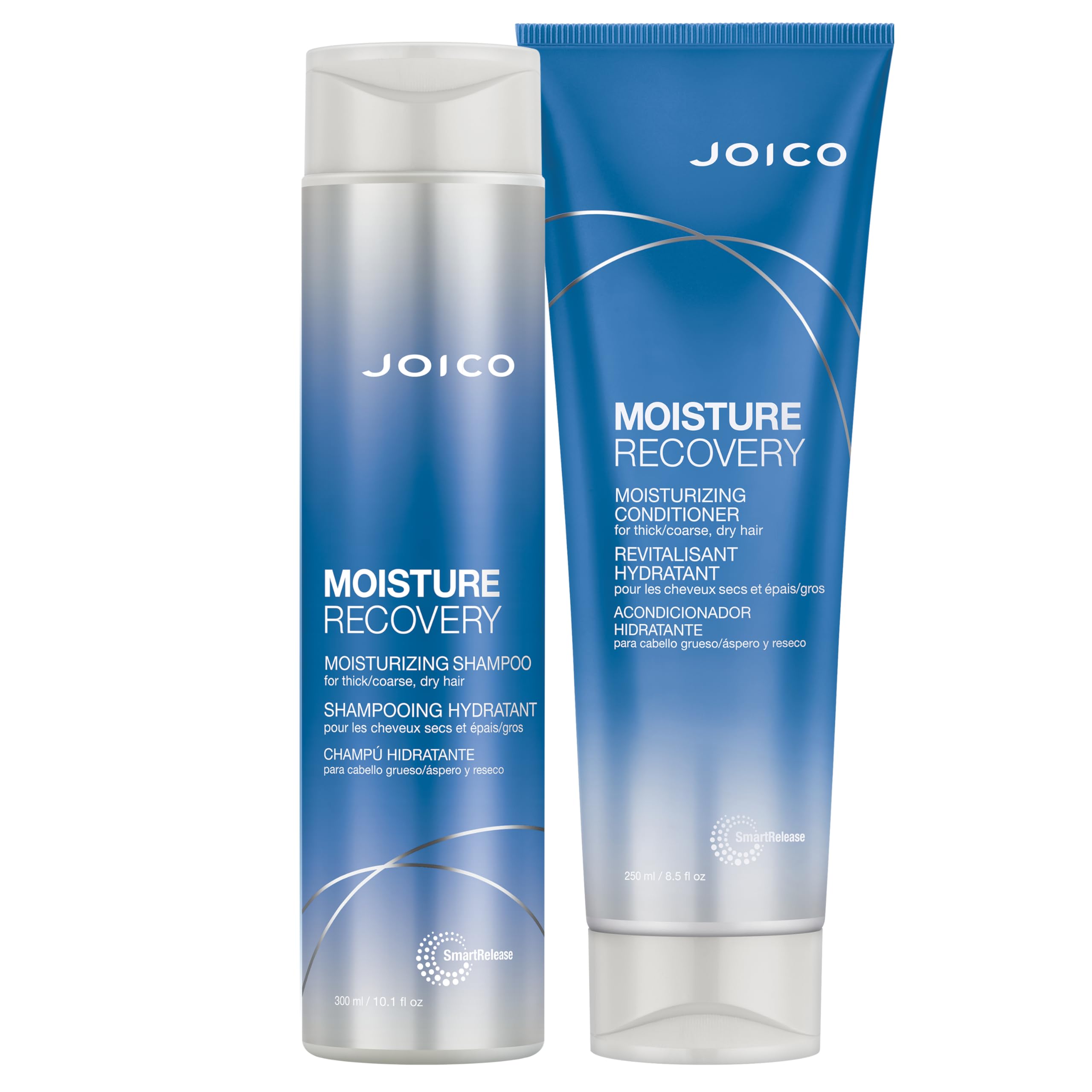 Shampoing Joico Moisture Recovery versant, hydratation rapide pour cheveux secs.