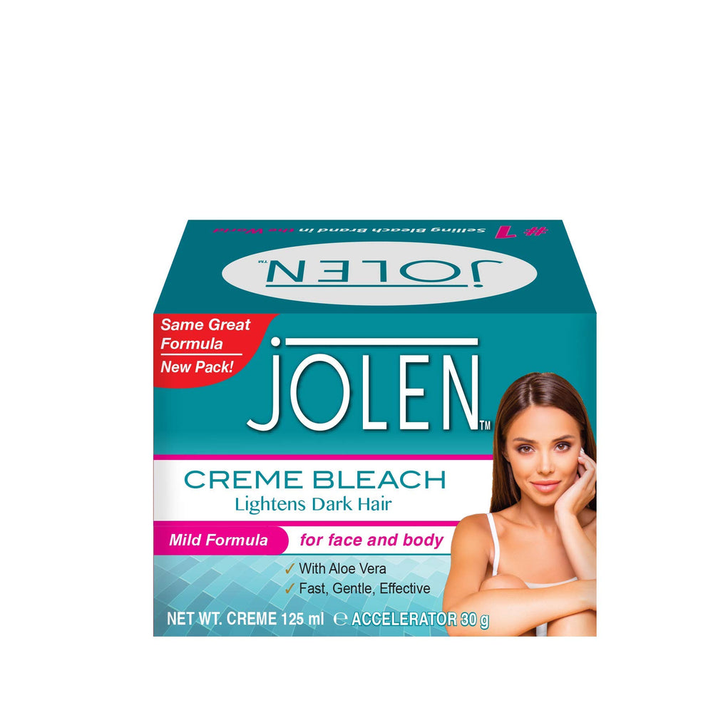 Jolen Blanchisseur Visage Doux 125 ml estompe les poils pour un teint homogène.