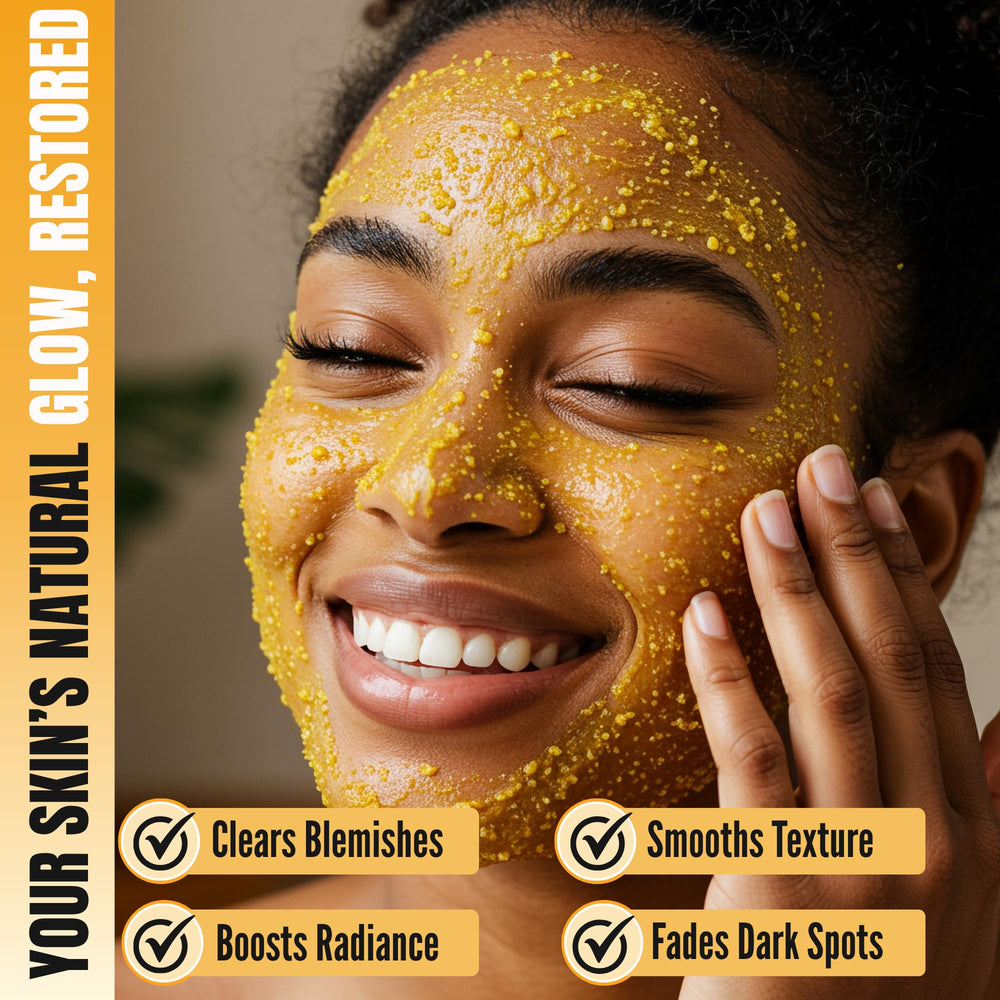 Grains de gommage turmeric visibles pour une exfoliation sûre.