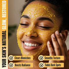 Grains de gommage turmeric visibles pour une exfoliation sûre.