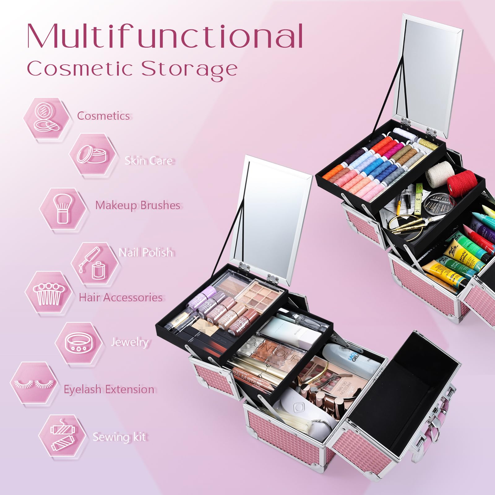 Joligrace boîte-train-maquillage avec miroir rose sirène, accessoire élégant et fonctionnel
