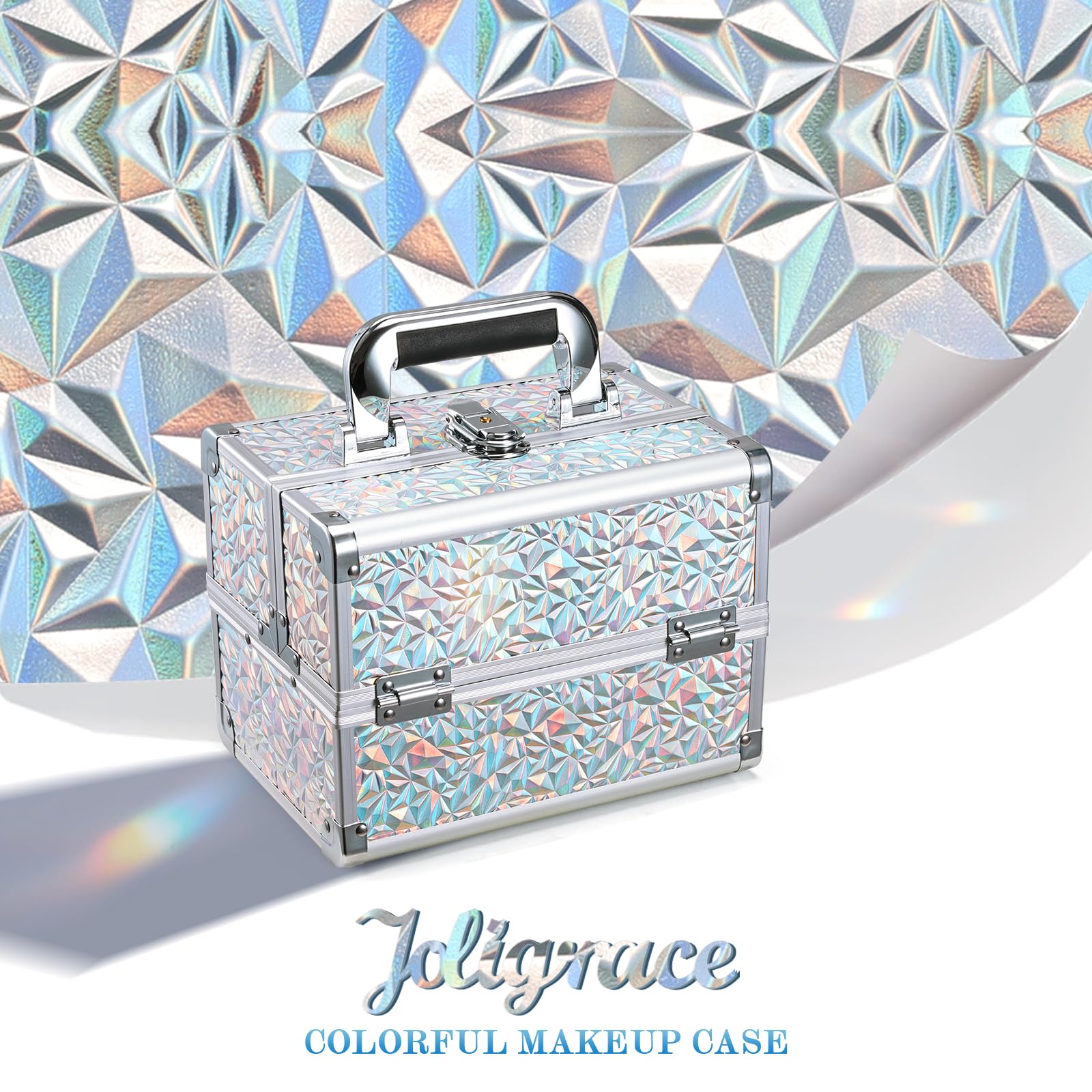 Coffret Joligrace à deux niveaux facilitant l’organisation des maquillages en voyage.