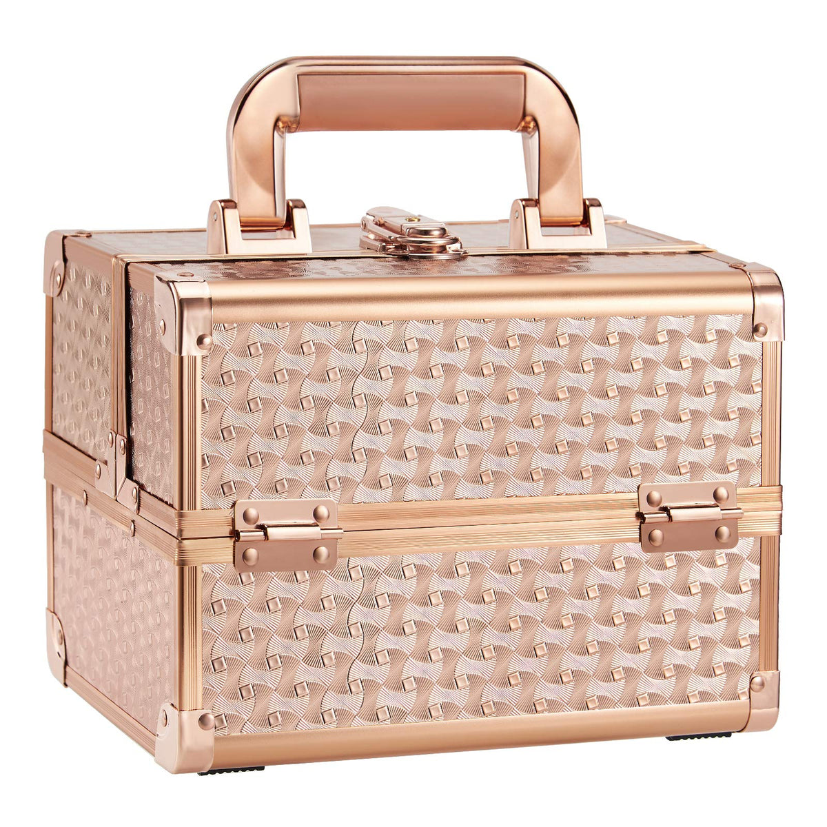 Joligrace coffret maquillage rose-or avec miroir intégré pour rangement efficace.