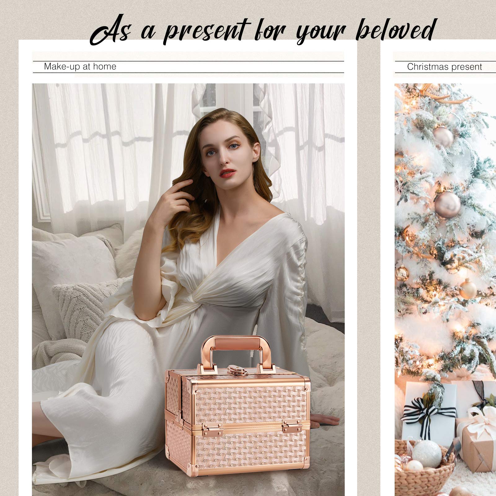 Usage voyage Joligrace coffret maquillage rose-or avec miroir et tiroirs.