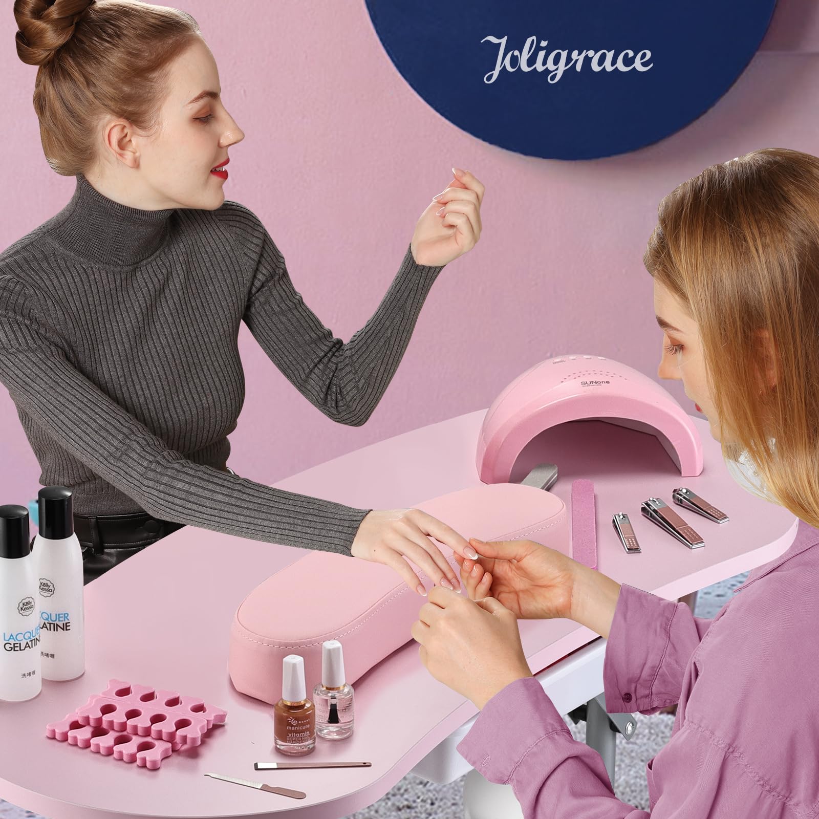 Joligrace dessus-table spacieux rose, espace de travail confortable pour clients.
