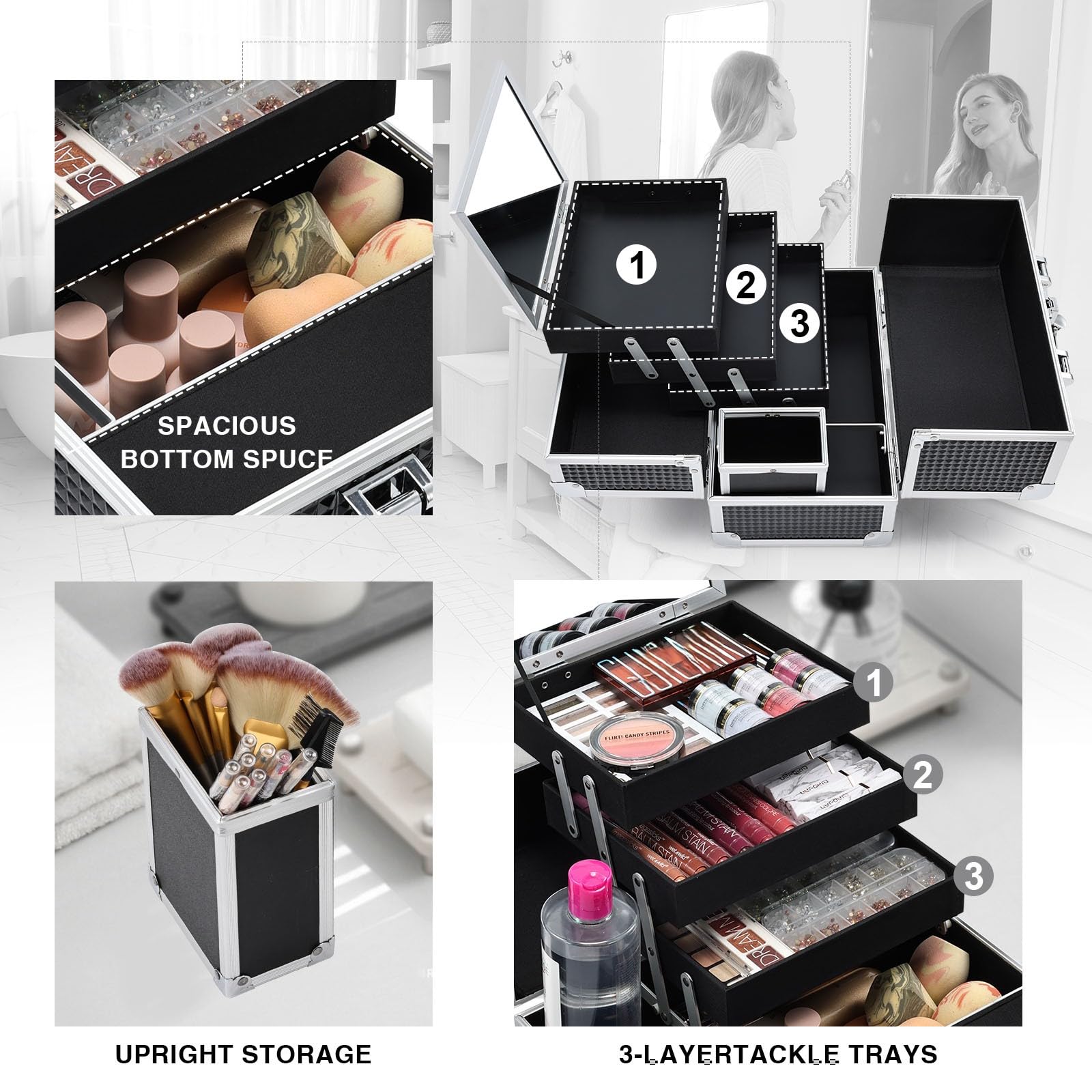 Joligrace grand compartiment maquillage pratique pour fond de teint et poudres.