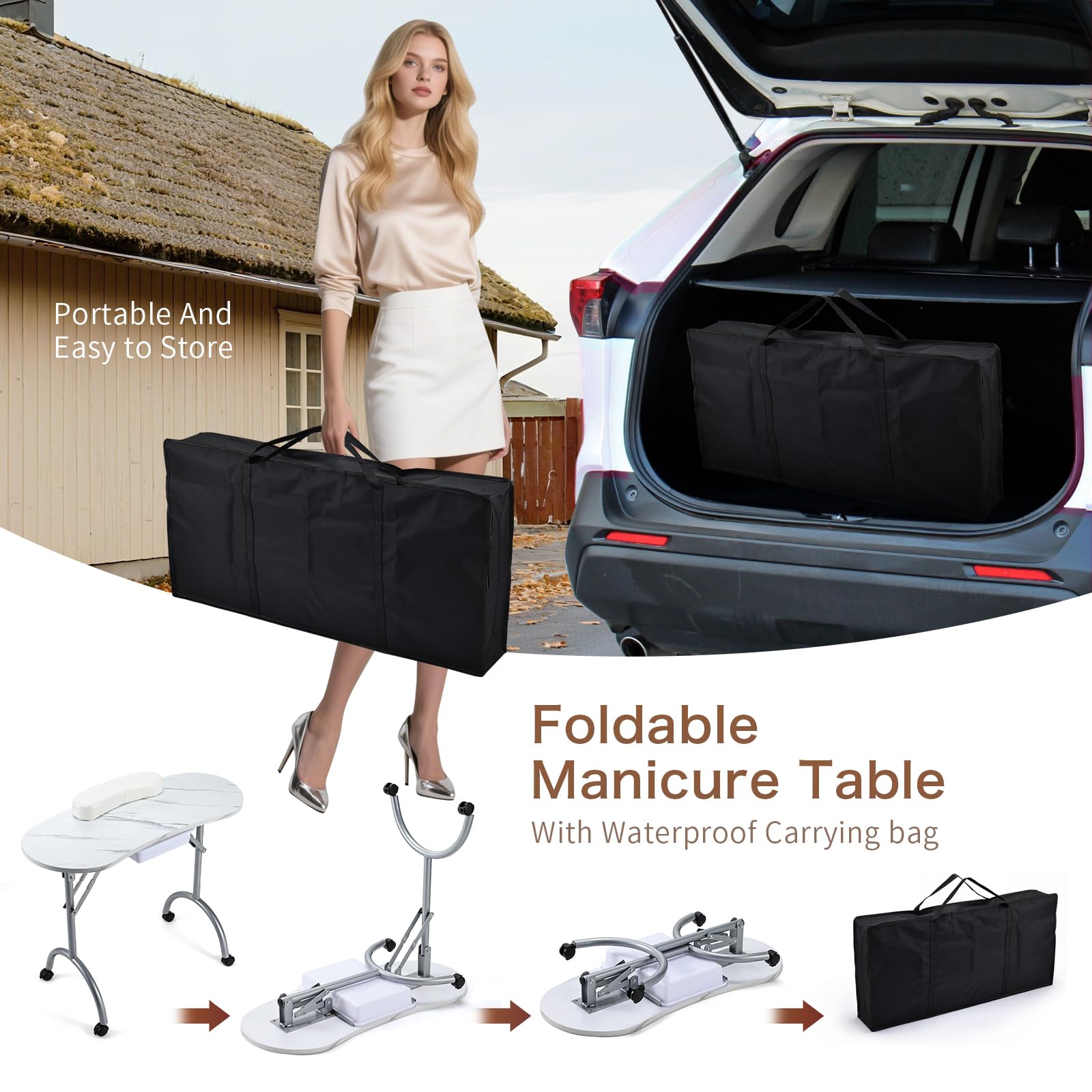Joligrace table-manicure pieds-retractables, installation rapide sur site.