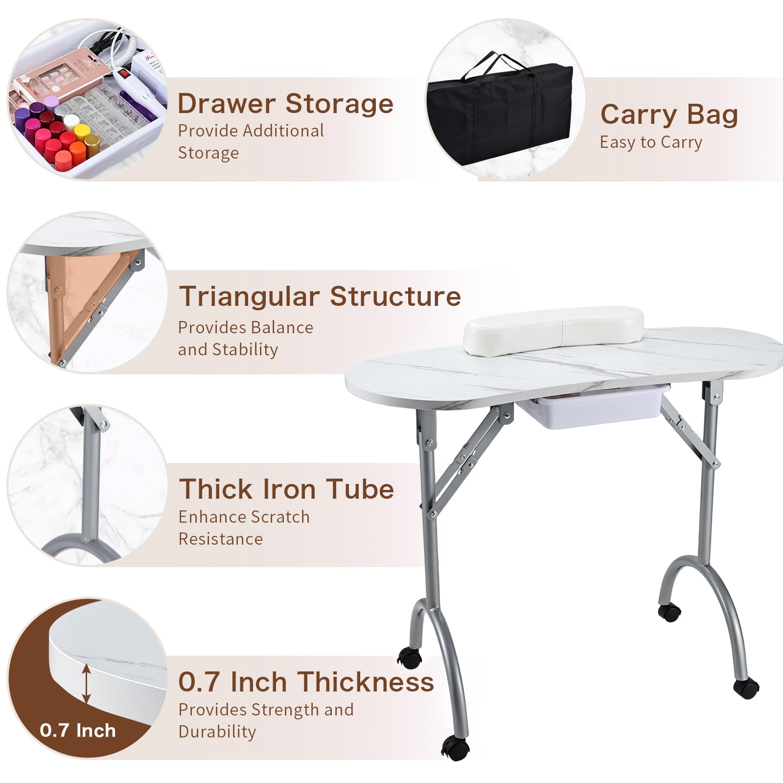 Joligrace table-manicure roues-verrouillables, mobilité et stabilité lors des séances.