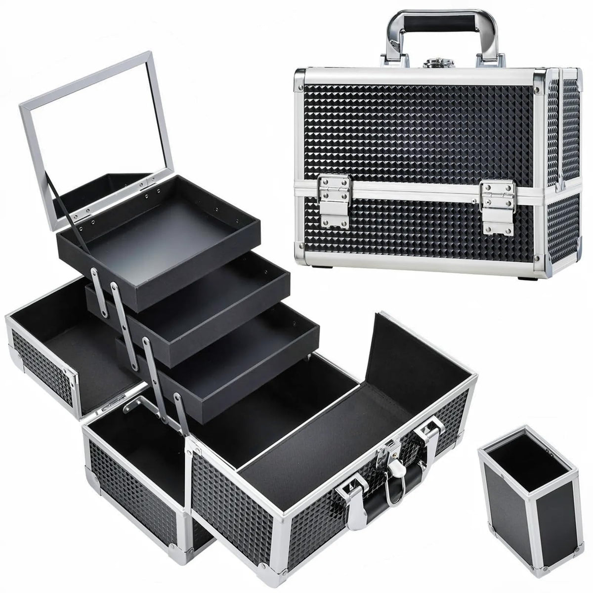 Joligrace trousse maquillage 3 etages avec miroir pour organisation rapide.