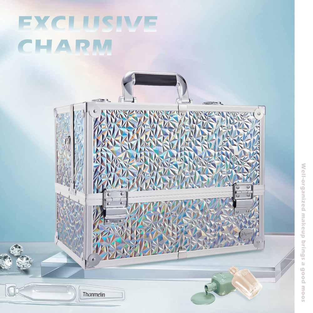 Mallette Joligrace 6-etages avec plateaux ajustables pour organiser les cosmétiques.