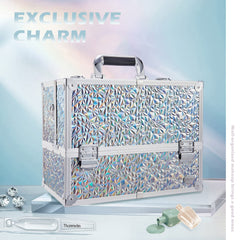 Mallette Joligrace 6-etages avec plateaux ajustables pour organiser les cosmétiques.