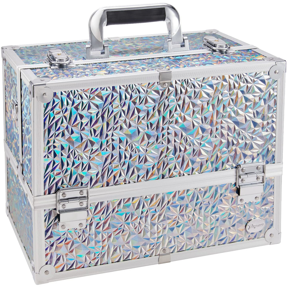 Valise Joligrace maquillage holographique argent, rangement sûr et élégant pour studio.