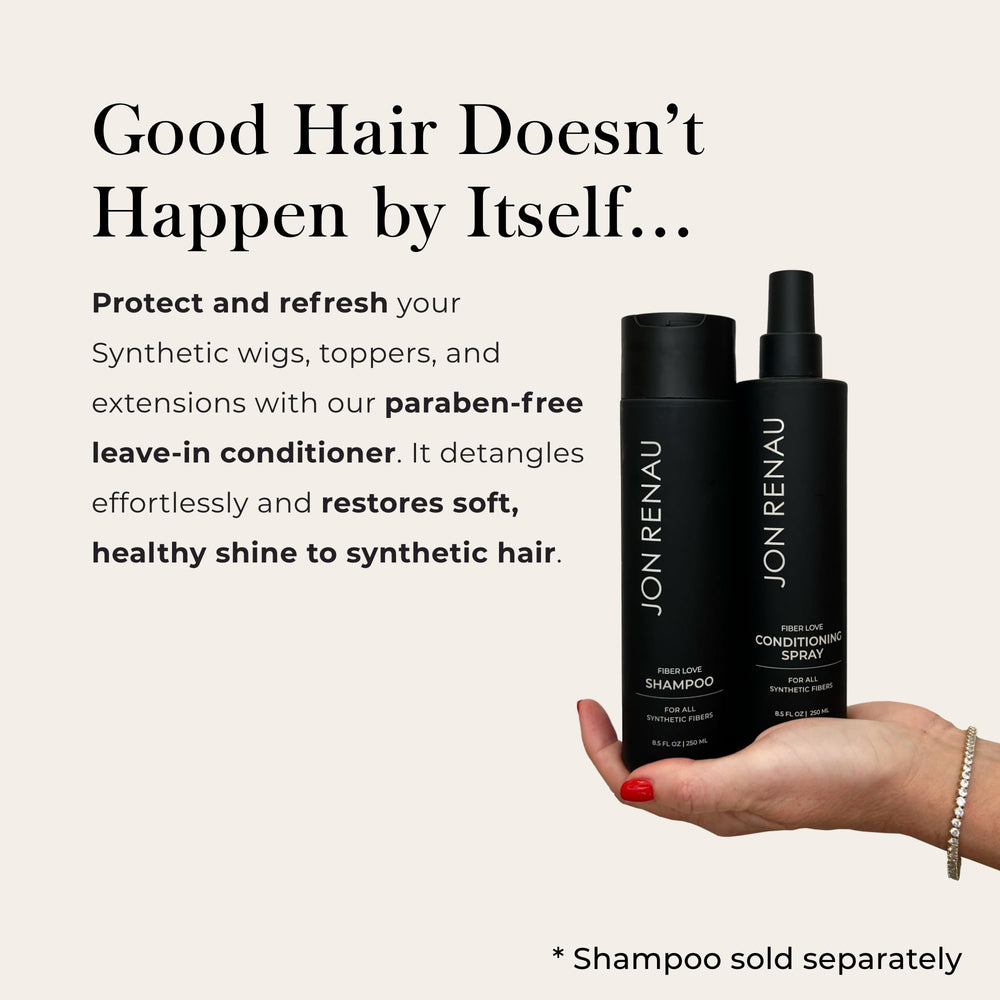 Jon Renau Fiber Love spray application shows easy mist on synthetic hair