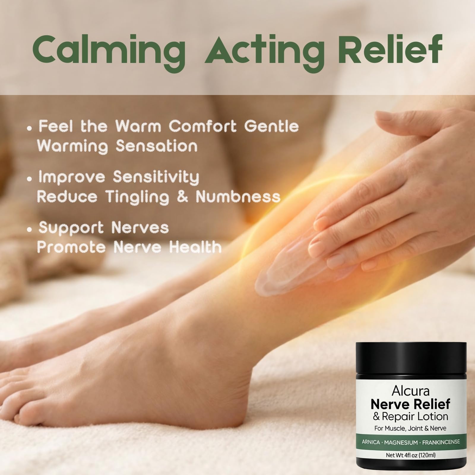 Foot application with Alcura Nerve Cream ready for rest and recovery use.