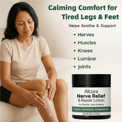 Applying Alcura Nerve Cream on the hand demonstrates easy massage and targeted use.