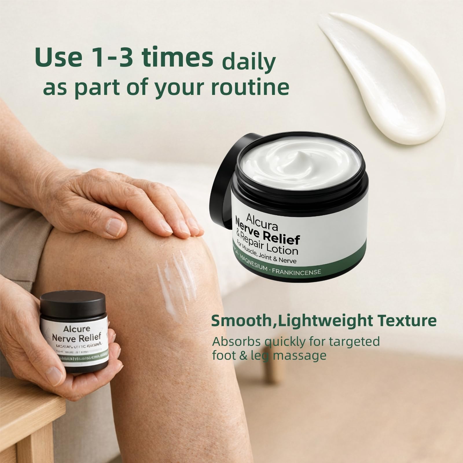 Alcura Nerve Cream near knee area for localized nourishment and care.