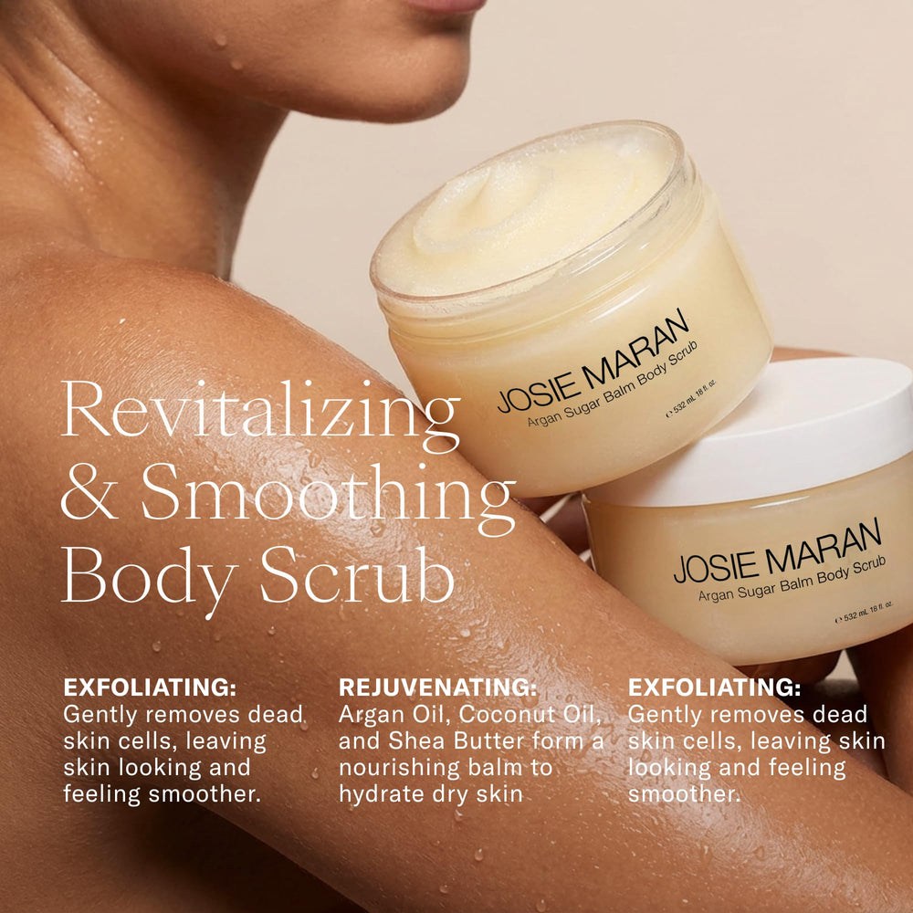 Josie Maran gommage sucre argan grains : exfoliation douce révélant l'éclat.
