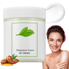 Josmon Crème Magnésium, pot ouvert, hydratation nourrissante rapide pour peau sèche.