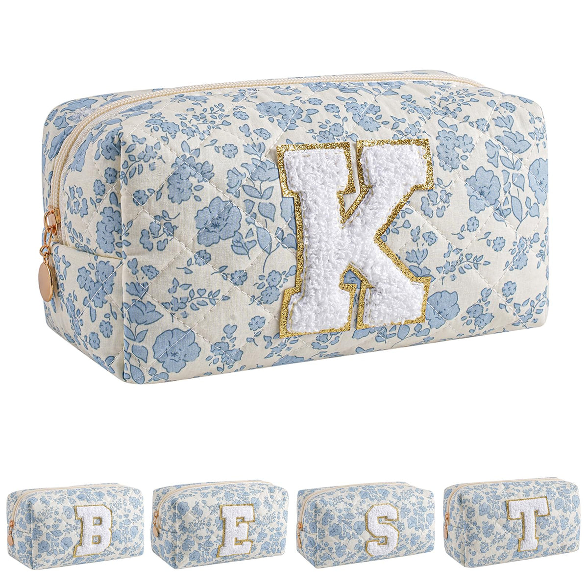 Sac maquillage JOVAKIT Alphabet bleu fleuri, pratique pour emporter vos essentiels beauté en voyage.