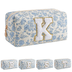 Sac maquillage JOVAKIT Alphabet bleu fleuri, pratique pour emporter vos essentiels beauté en voyage.