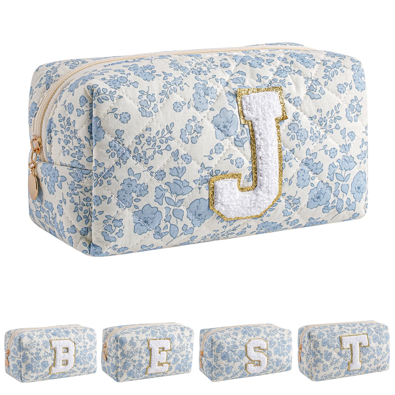 JOVAKIT sac maquillage alphabet bleu fleuri, rangement compact pour le voyage.