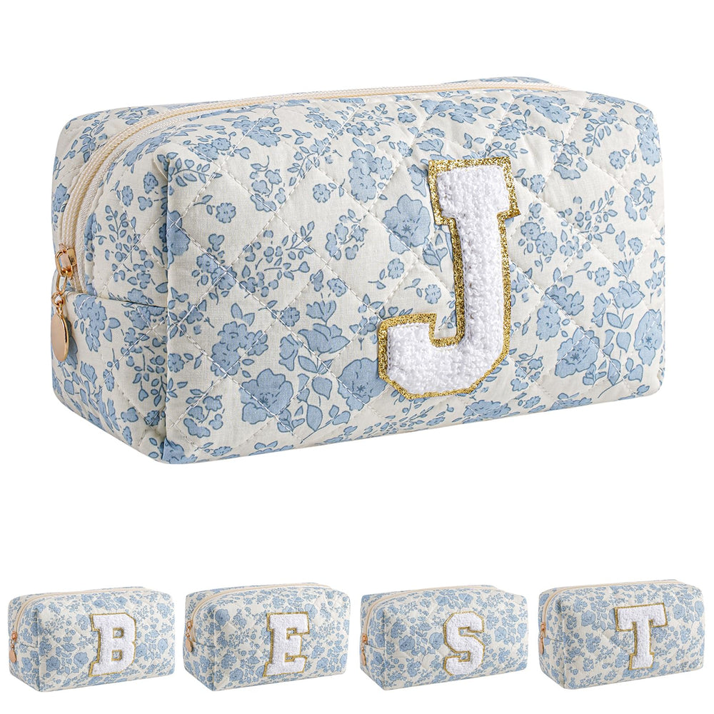 JOVAKIT sac maquillage alphabet bleu fleuri, rangement compact pour le voyage.