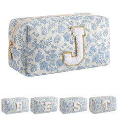 JOVAKIT sac maquillage alphabet bleu fleuri, rangement compact pour le voyage.