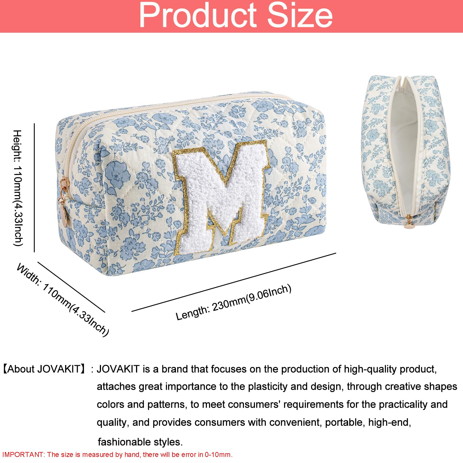 Sac JOVAKIT Alphabet fleuri bleu vu de profil, design tendance et portable.