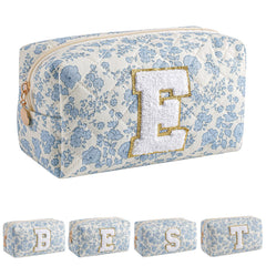 Trousse maquillage Alphabet bleu fleuri de JOVAKIT, rangement pratique pour maquillage quotidien.