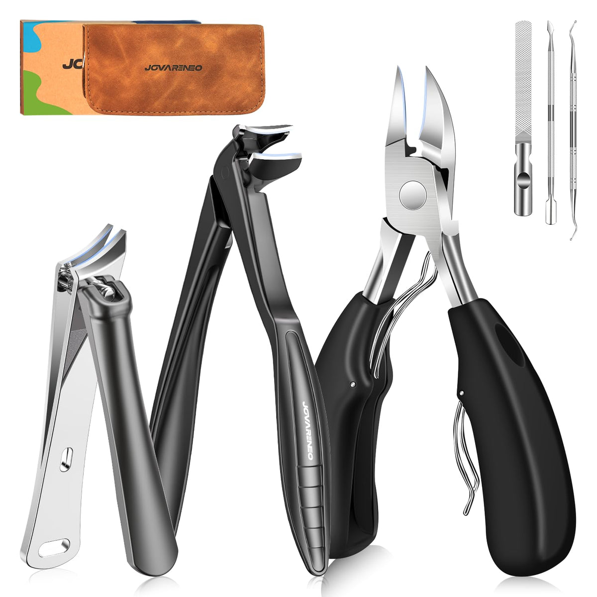 Coffret en cuir Jovareneo montrant le kit ongles des pieds, rangement élégant.