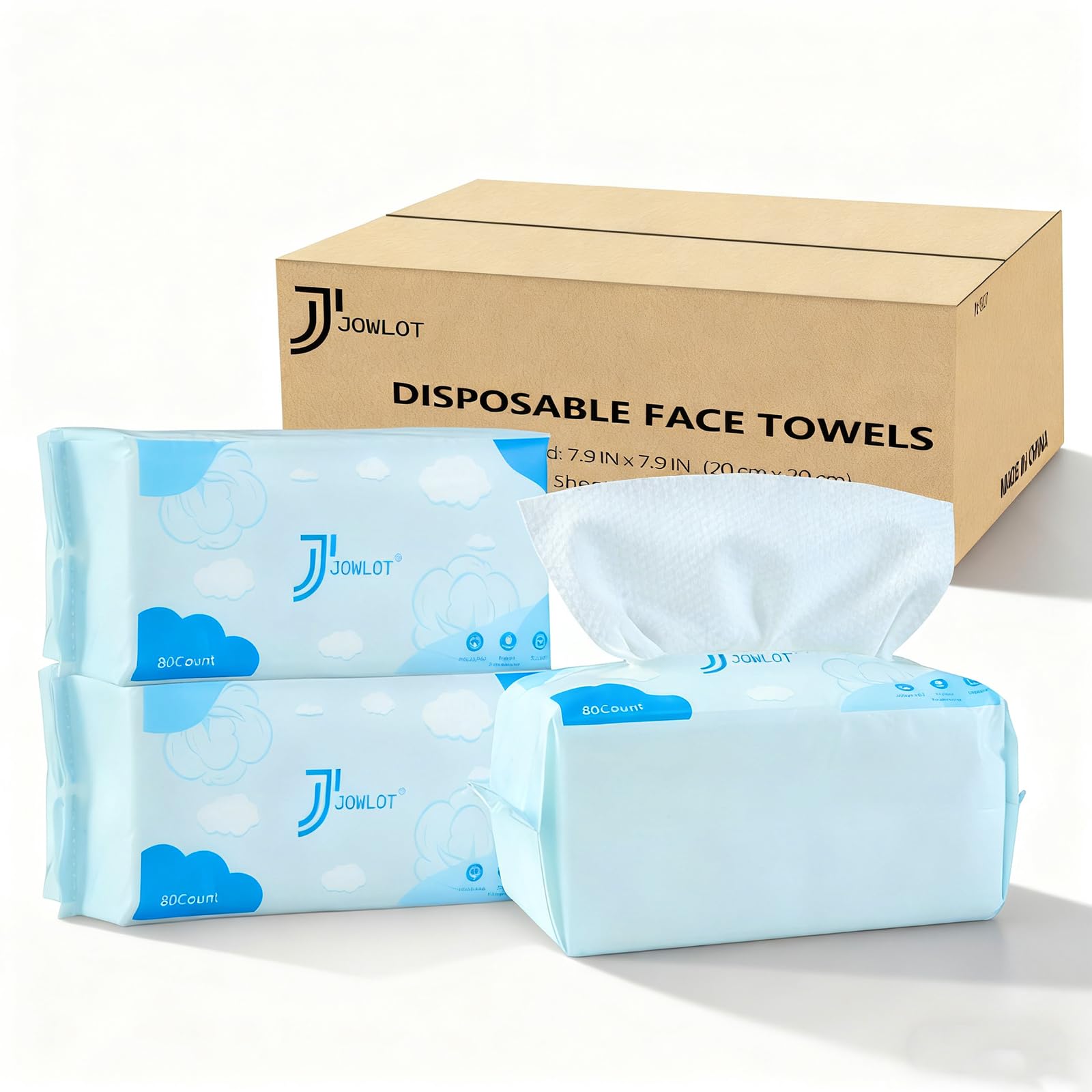 Serviettes visage jetables JOWLOT en triple pack, stockage pratique.