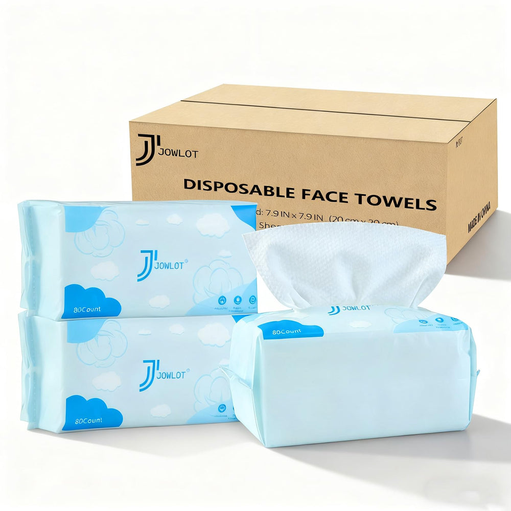 Serviettes visage jetables JOWLOT en triple pack, stockage pratique.