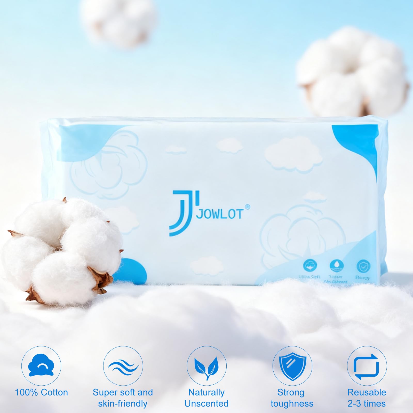 Utilisation sèche et humide avec JOWLOT, coton absorbant et résistant.