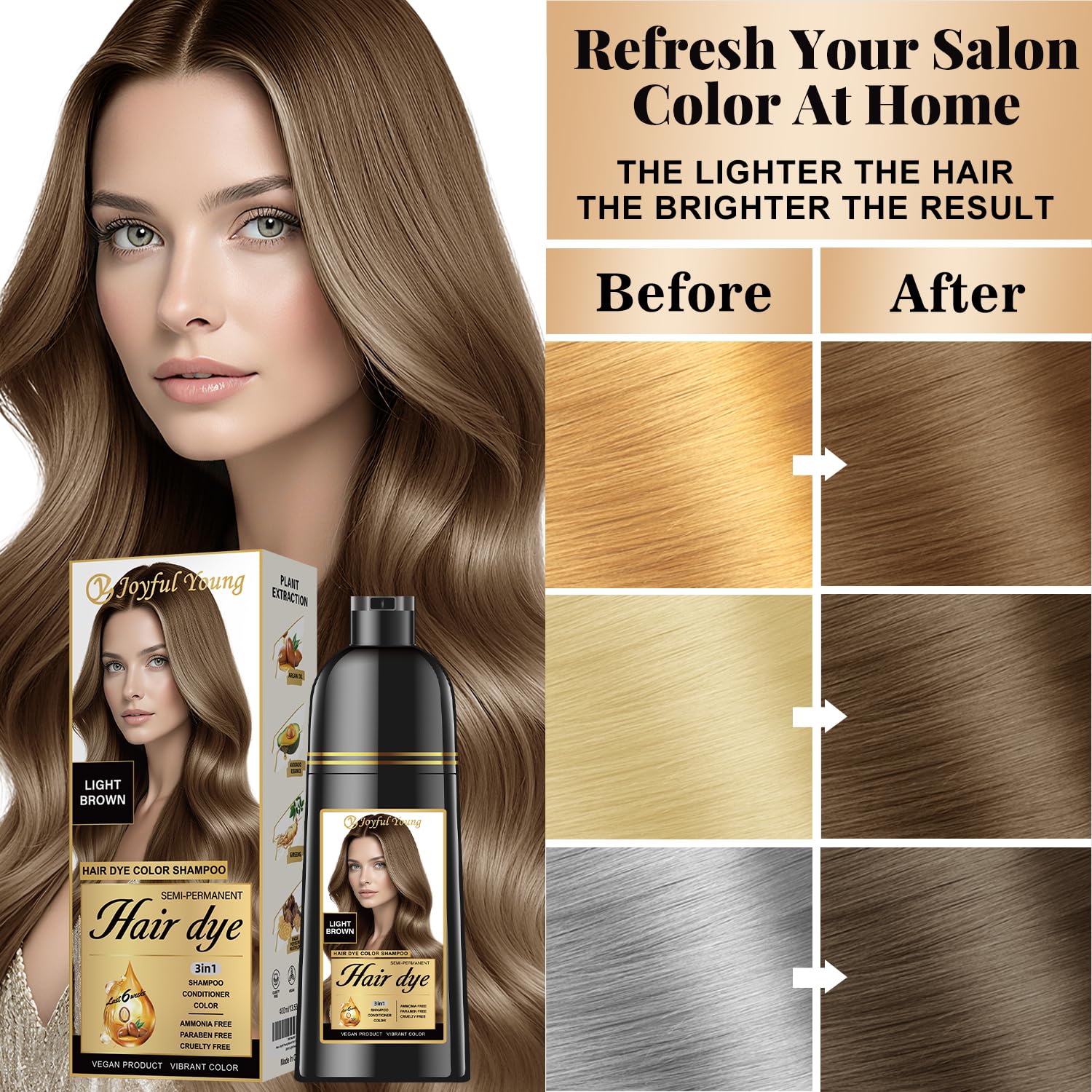 Application sur cheveux secs sans brosse, 15 à 30 minutes avec Joyful Young.