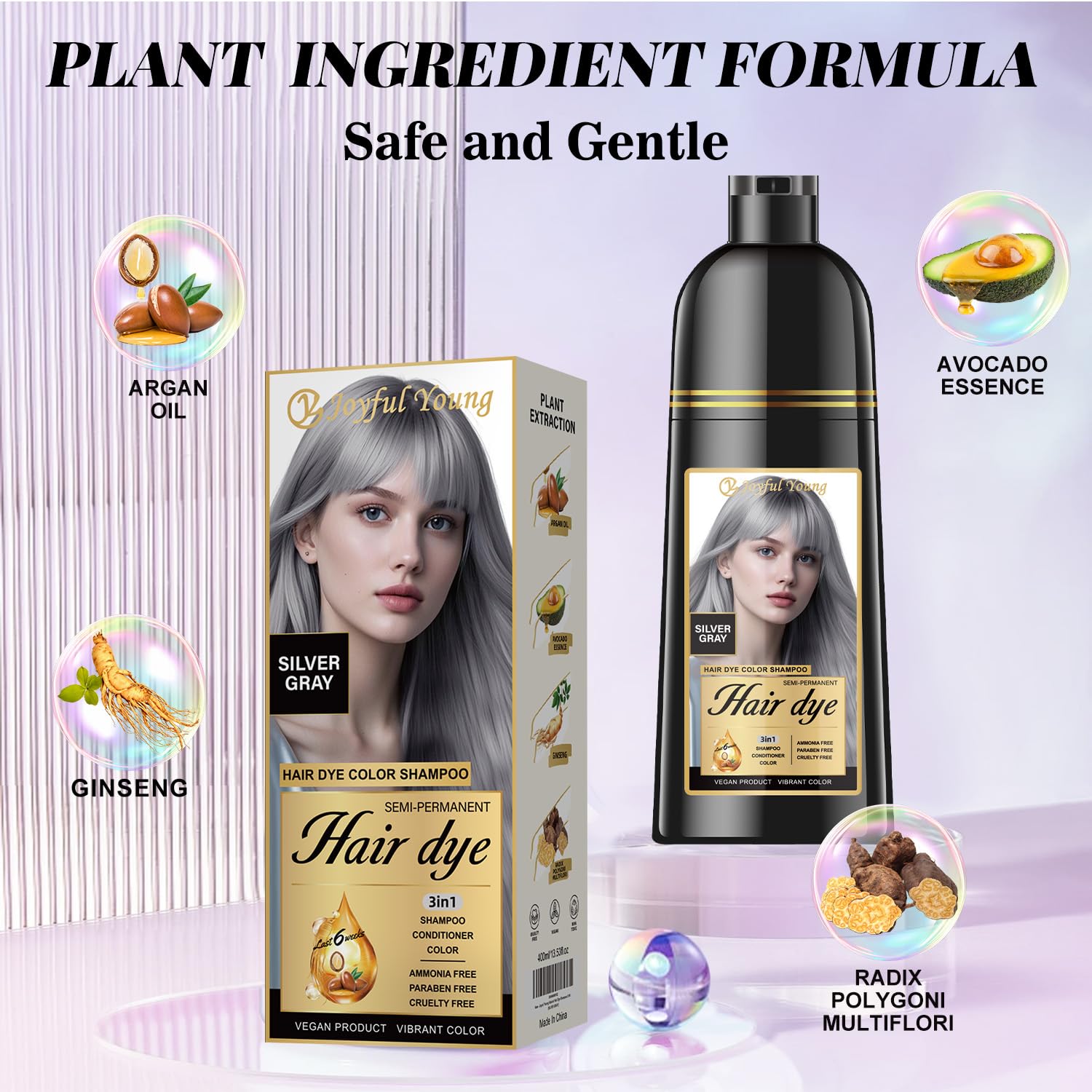Joyful Young Shampoing Gris Argent — application maison simple pour une teinte argent neutre sans effort.
