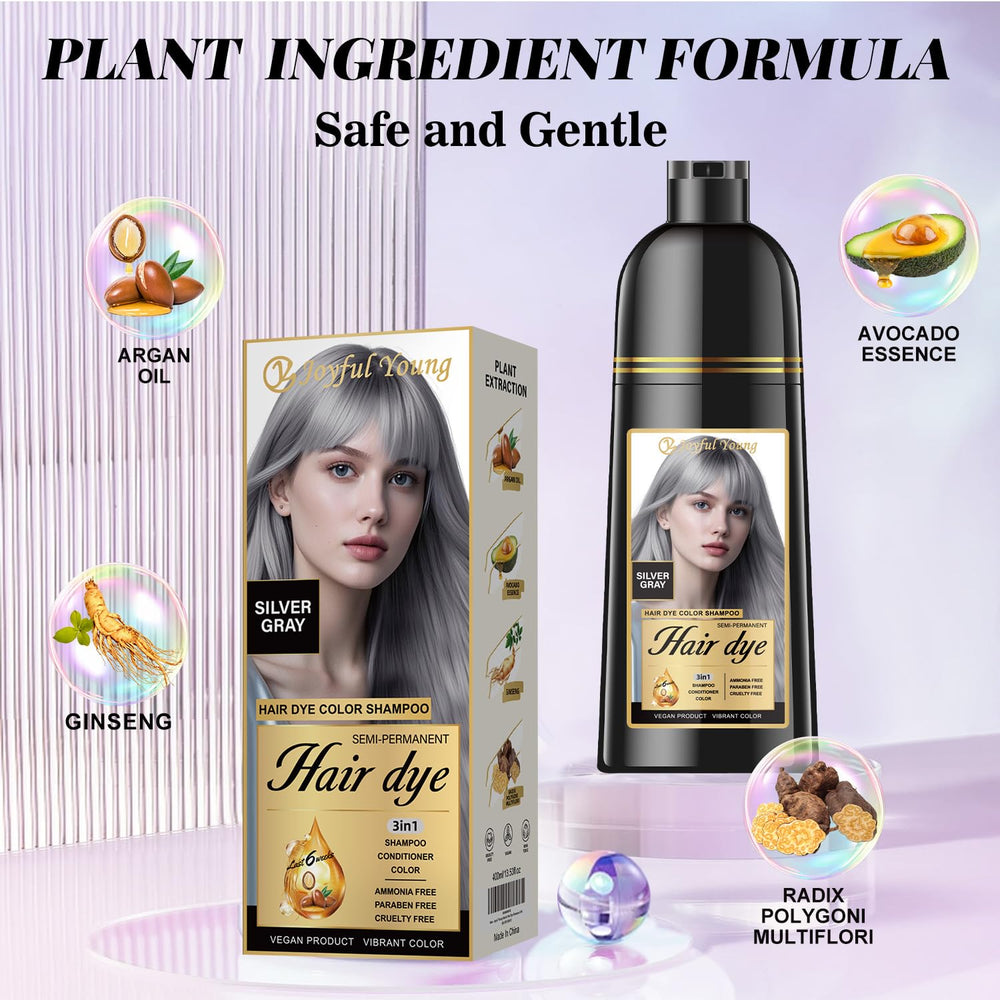 Joyful Young Shampoing Gris Argent — application maison simple pour une teinte argent neutre sans effort.
