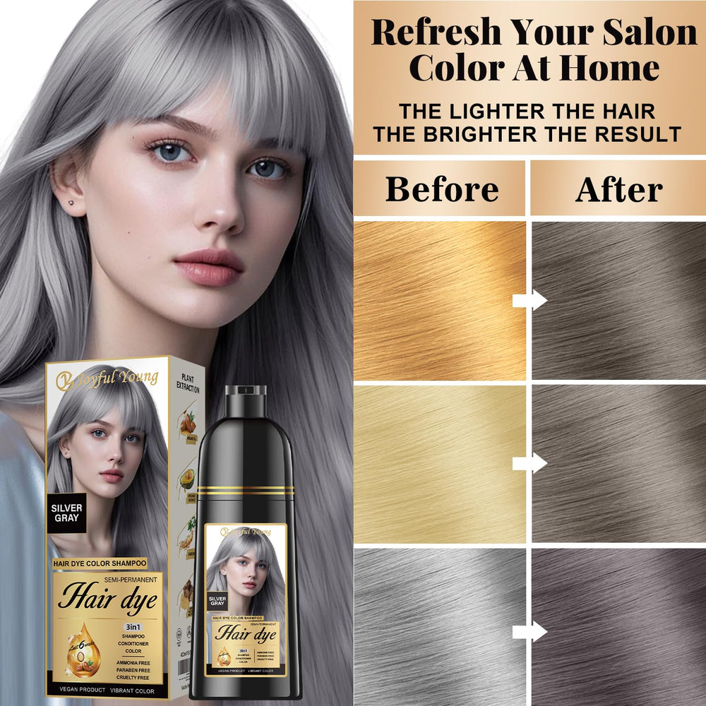Joyful Young Shampoing Gris Argent — résultat après utilisation sur cheveux gris et blancs.