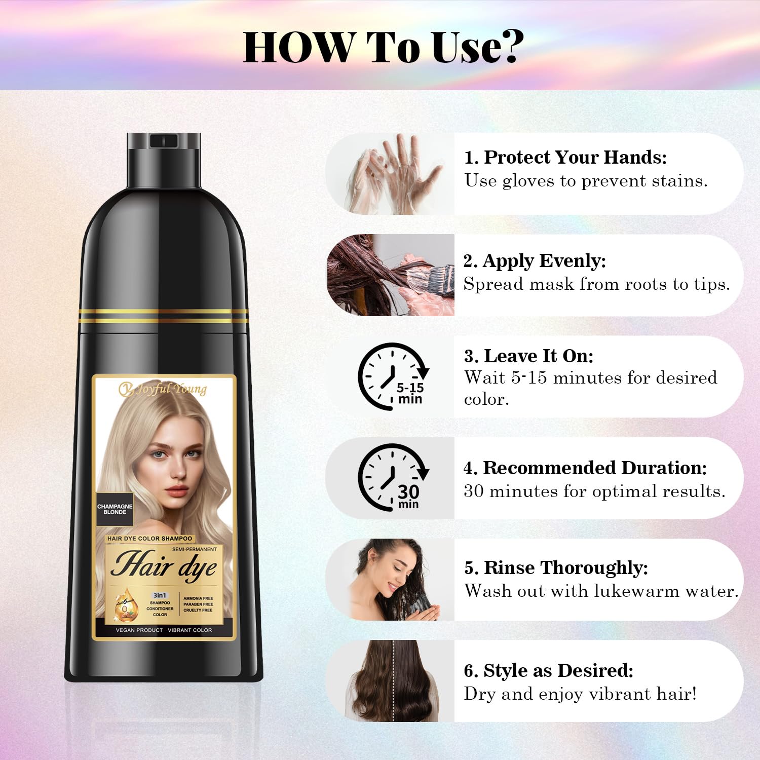 Joyful Young Champagne Blonde Shampoo – avant et après subtil pour douceur et brillance.