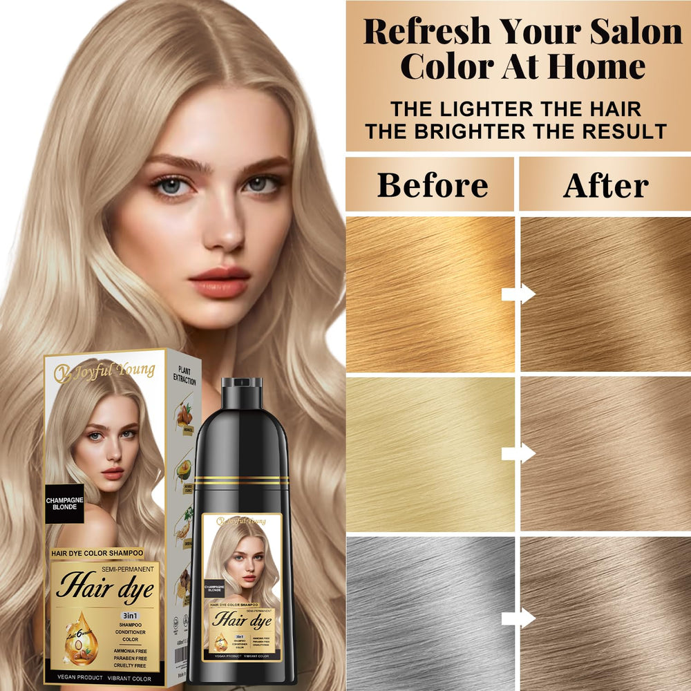 Joyful Young Champagne Blonde Shampoo – démonstration sur cheveux gris pour un fini naturel et harmonieux.