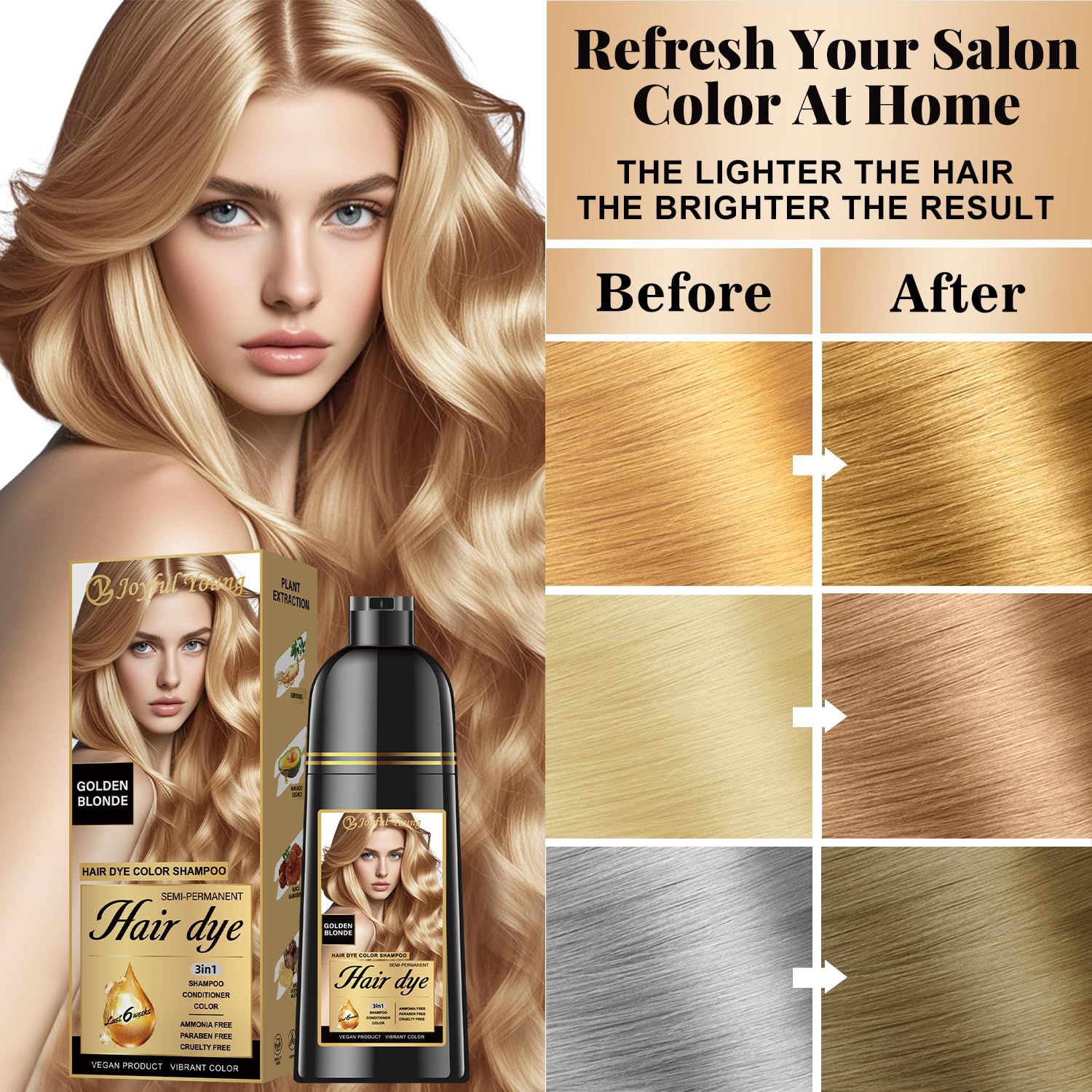 Mains appliquant Joyful Young Shampoing Blond Doré sur les longueurs