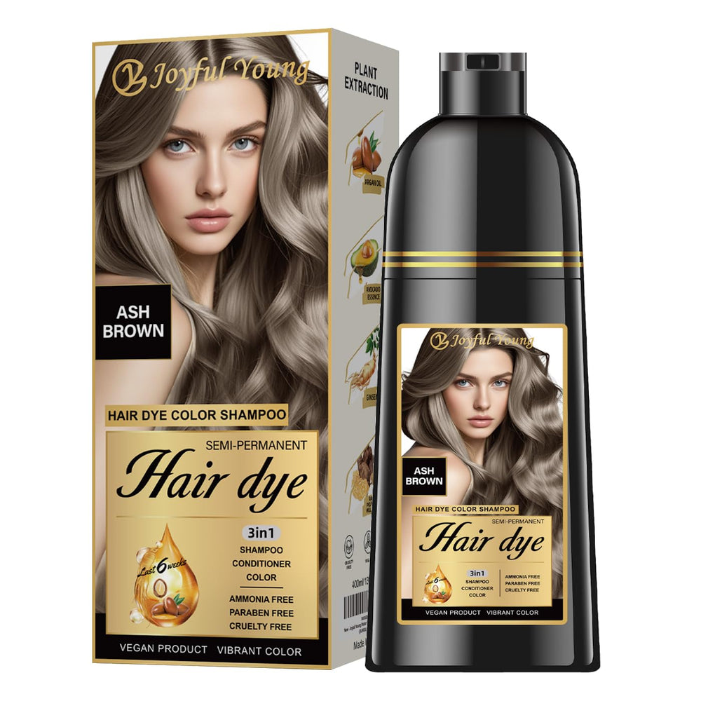 Joyful Young Shampoing Colorant Brun Cendré, flacon mis en valeur et couleur naturelle atténuant les reflets rouges.