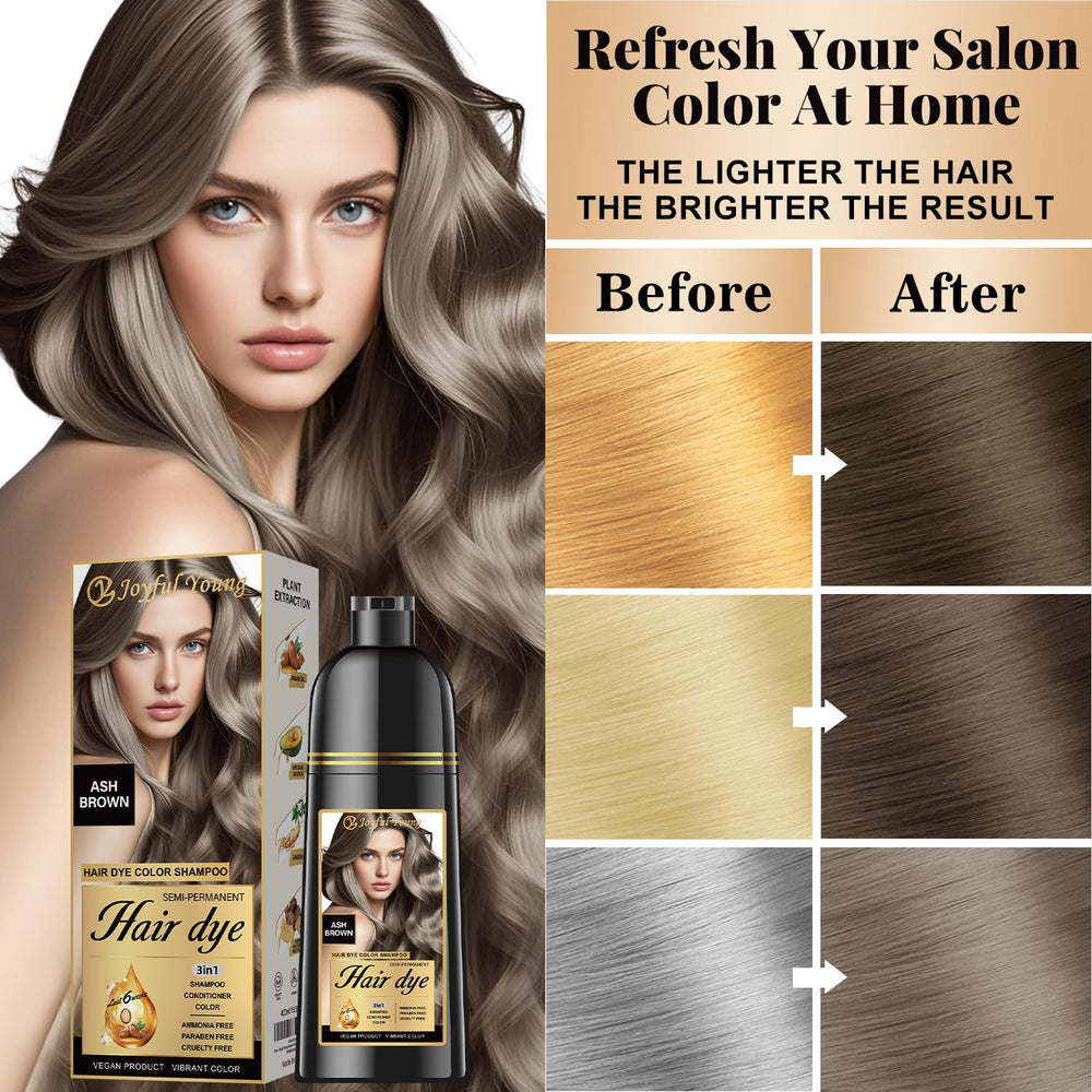 Joyful Young Shampoing Colorant Brun Cendré, temps de pose recommandé entre 15 et 30 minutes.