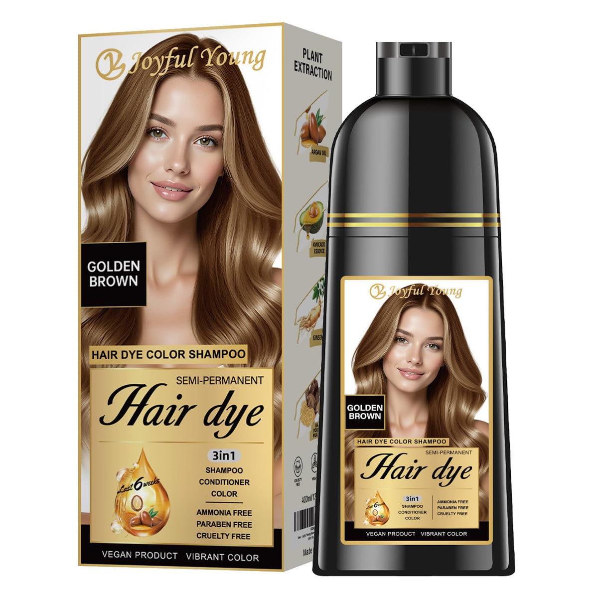 Joyful Young Shampoing colorant brun dore emballage, démarrage facile de la routine