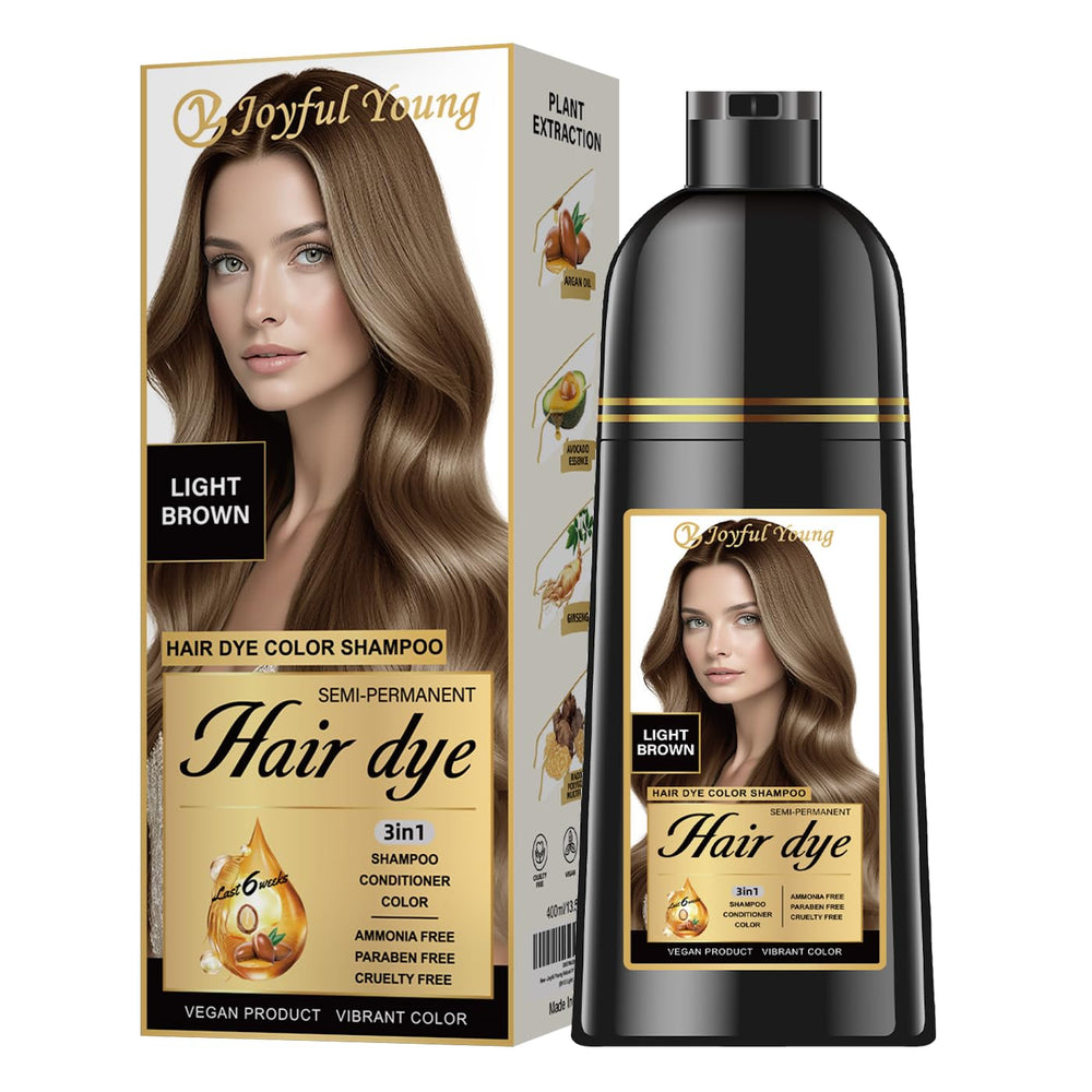 Joyful Young Shampoing colorant cheveux brun clair, flacon visible et couleur naturelle.