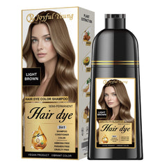 Joyful Young Shampoing colorant cheveux brun clair, flacon visible et couleur naturelle.